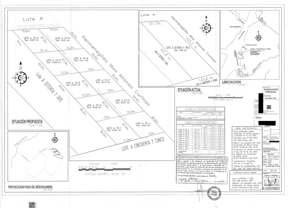 Plano de las diez parcelas del Lote A73, con sus deslindes y superficies